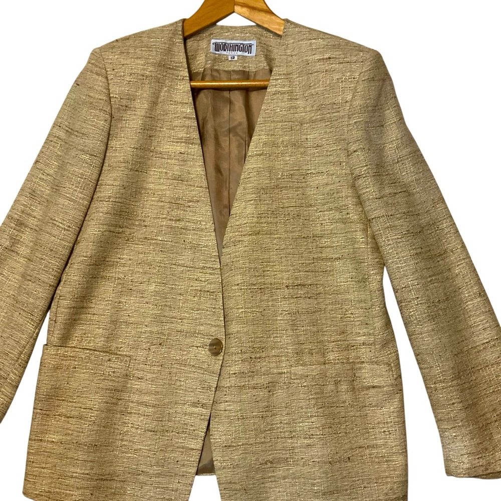 VINTAGE BLAZER sz 12 Collarless Single Button Lined Pockets Tan & Gold BRAND NEW